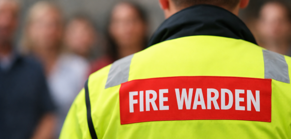 fire warden high visibility facing away leading people
